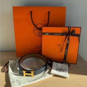 Hermes Black/Tan Reversible Leather Belt with Gold Buckle